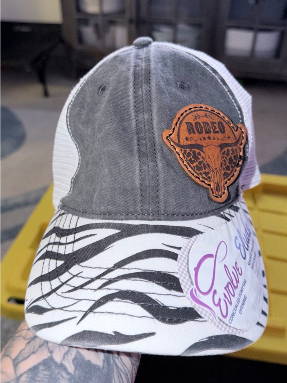 Rodeo Patch Trucker Hat in Charcoal & White Zebra